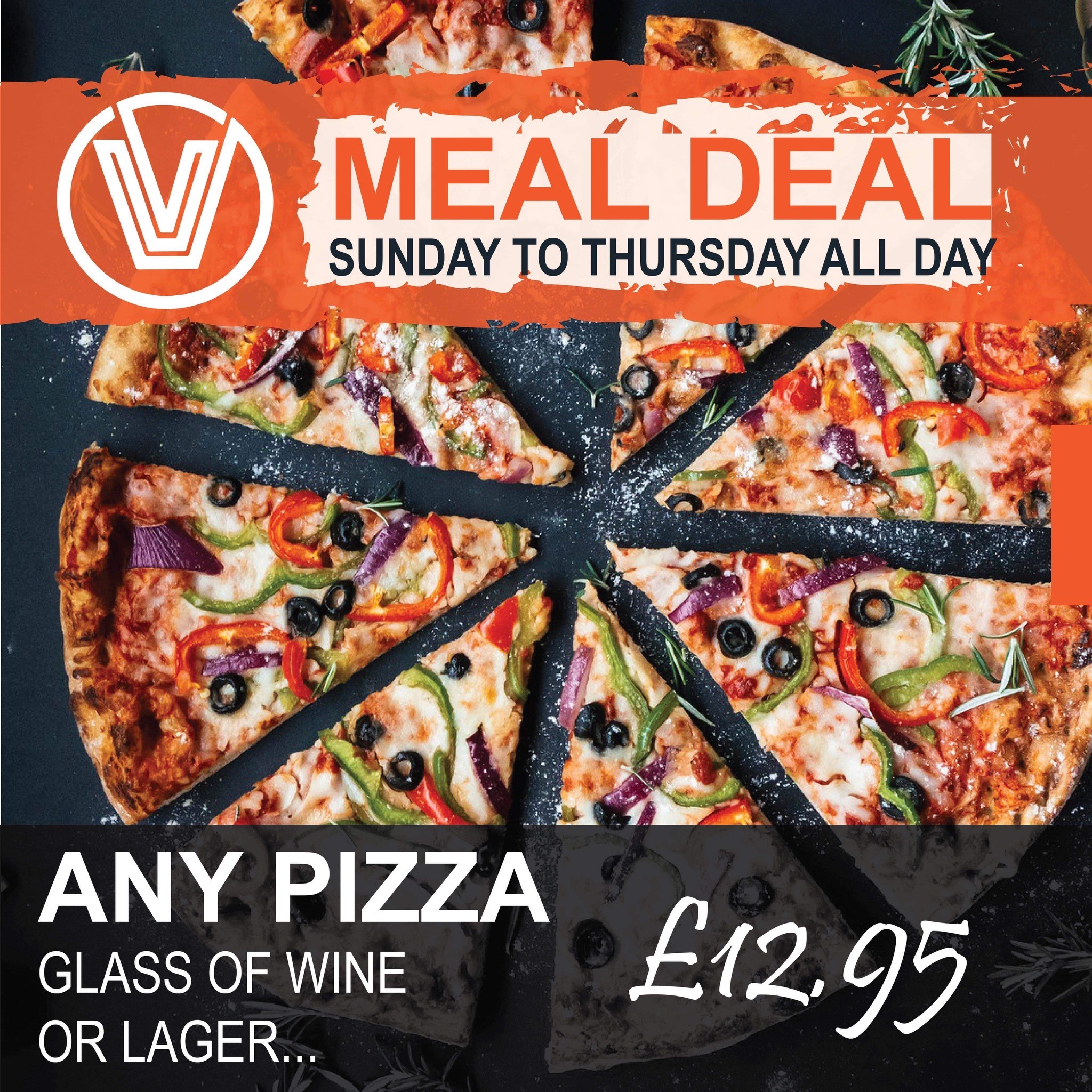 Meal Deals - Sunday to Thursday All Day. Any Pizza, Glass of Wine or Lager £12.95